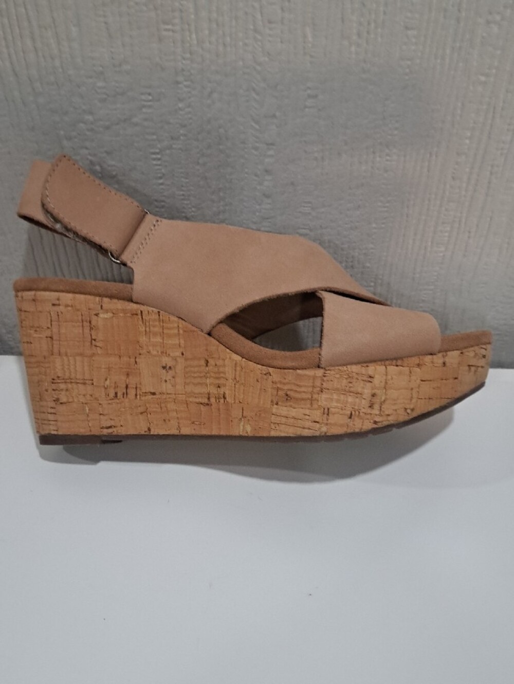 Clarks Ladies Tan Cork Wedge Sandals - Slingback Suede Comfort Heels - Picture 6 of 6